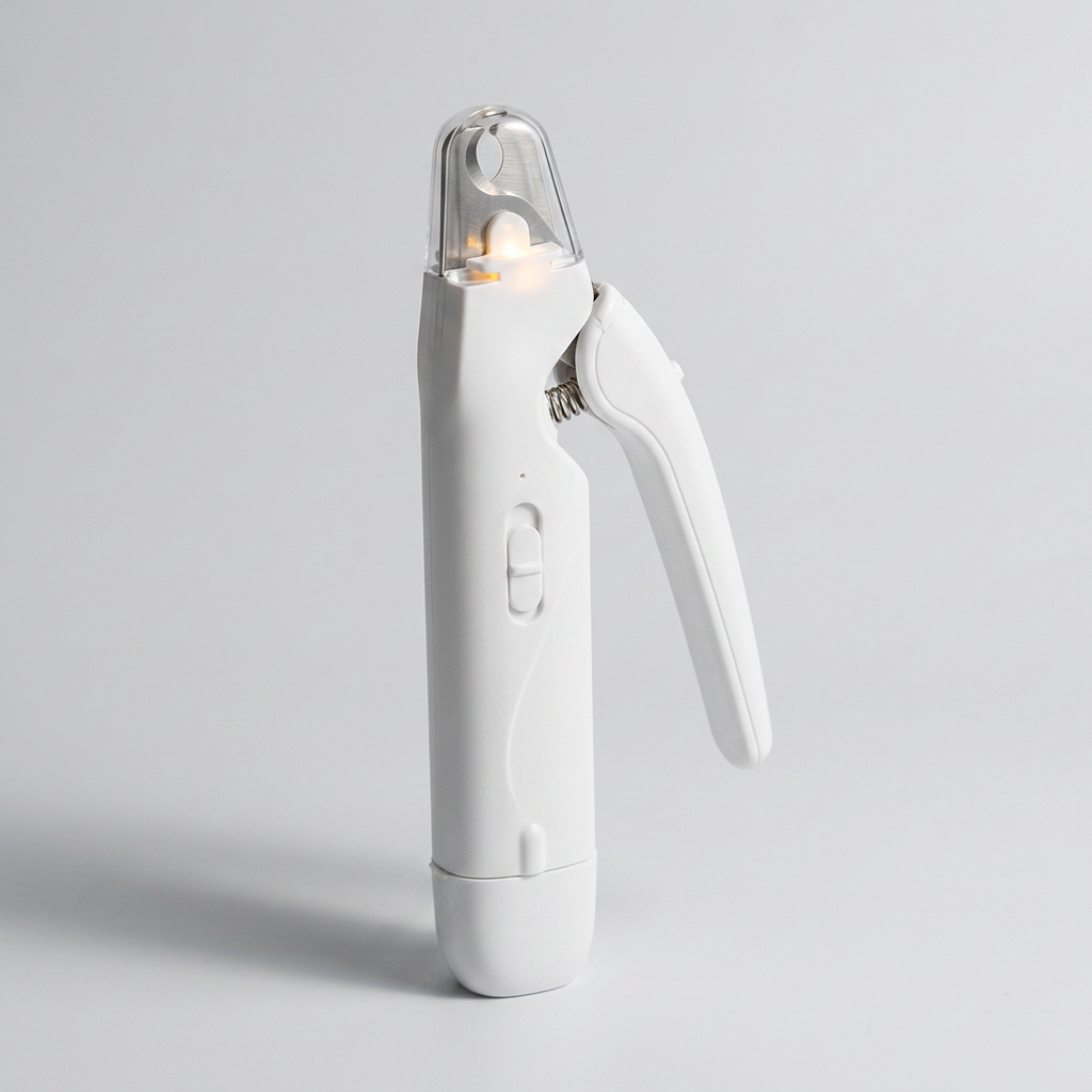 LumaClip Pro white dog nail clipper with the LED switched on