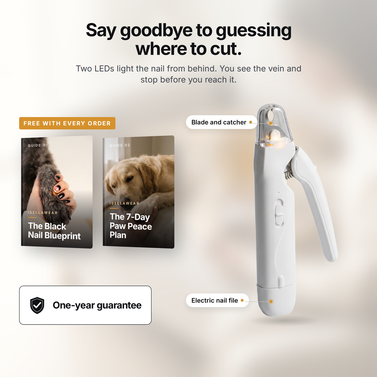 Say goodbye to guessing where to cut. LumaClip Pro LED dog nail clipper with two free guides and a one-year guarantee