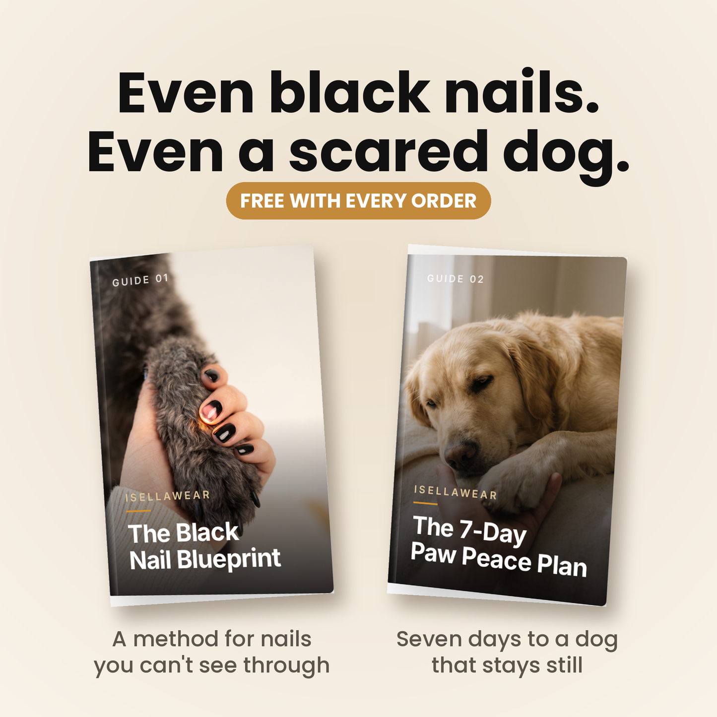 Even black nails. Even a scared dog. Two free guides with every LumaClip Pro order: The Black Nail Blueprint and The 7-Day Paw Peace Plan