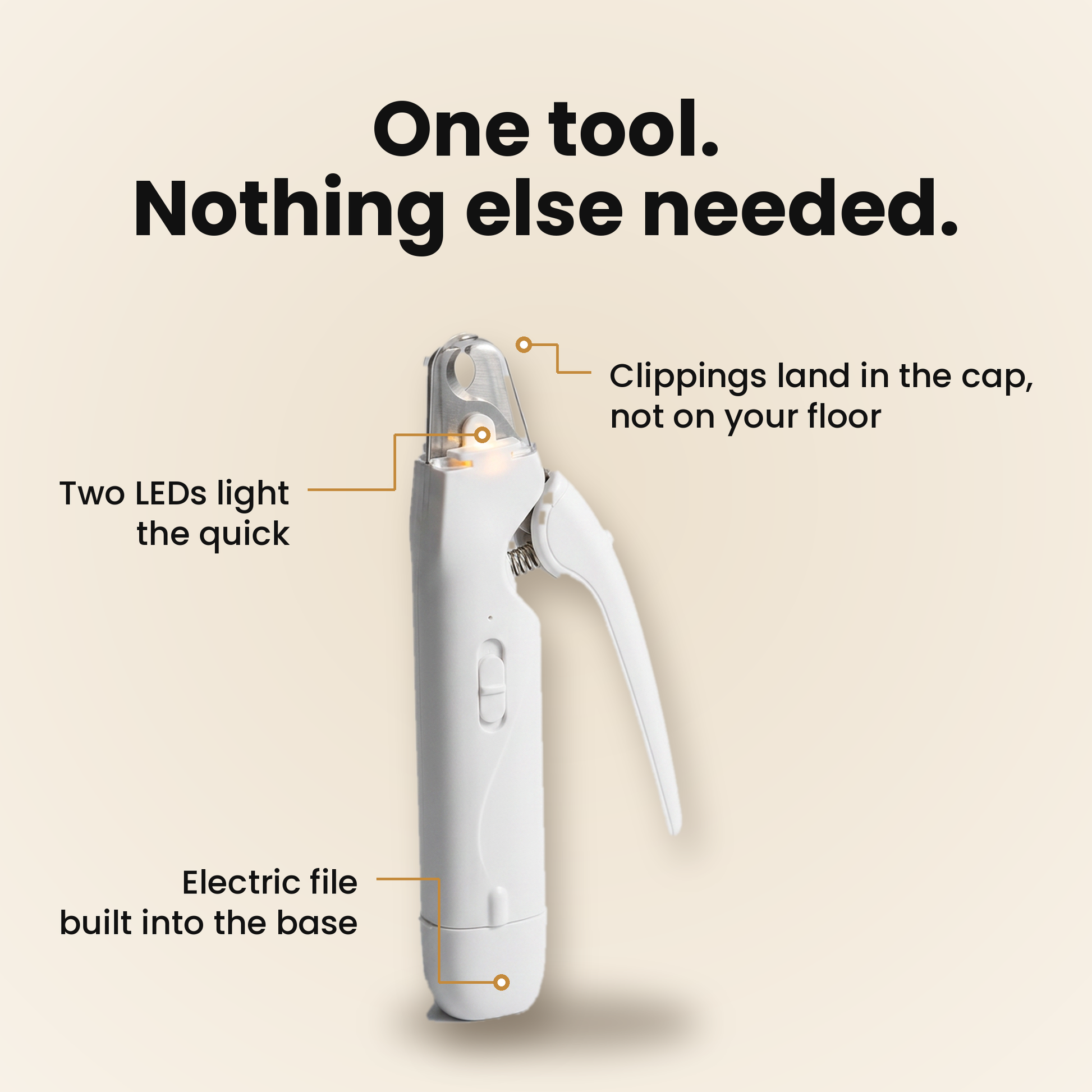One tool. Nothing else needed. LumaClip Pro with two LEDs that light the quick, a clear cap that catches the clipping and an electric file in the base